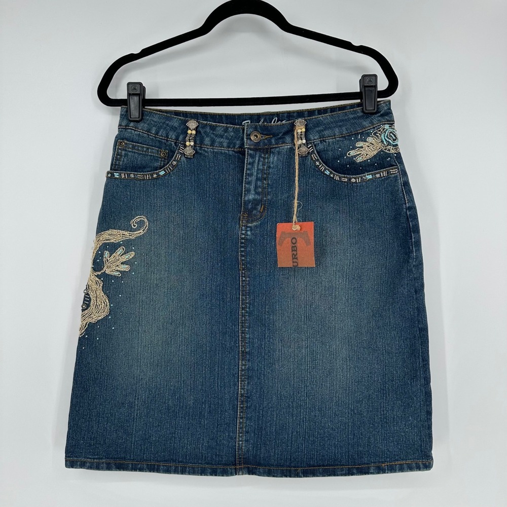 NEW Y2K Turbo Beaded Turquoise Gold Denim Skirt Boho Hippie VTG Deadstock L
